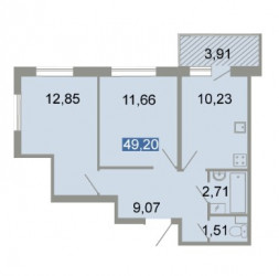 Двухкомнатная квартира (Евро) 49.2 м²