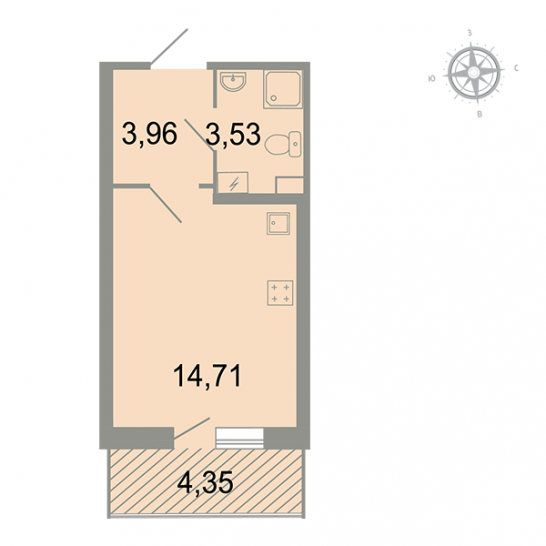 Однокомнатная квартира 23.51 м²
