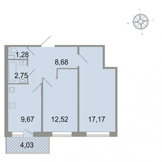 Двухкомнатная квартира 53.28 м²