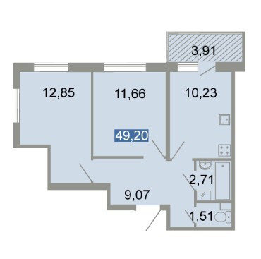 Двухкомнатная квартира (Евро) 49.2 м²