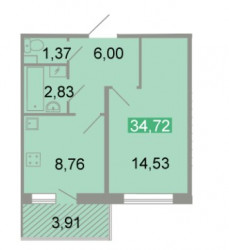 Однокомнатная квартира 34.72 м²