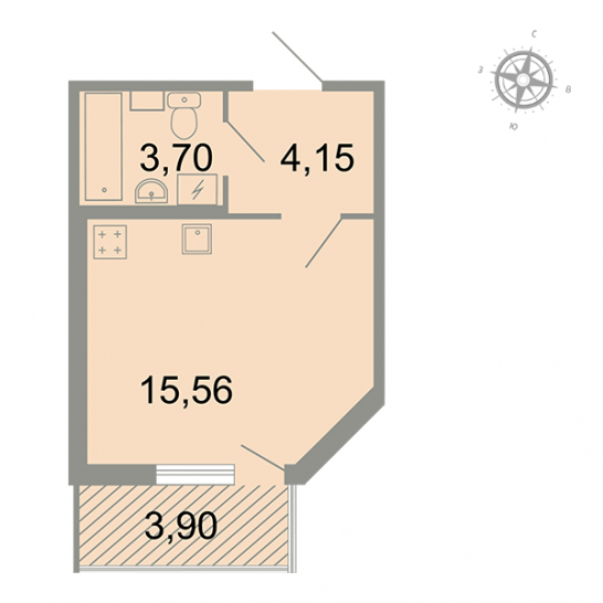 Однокомнатная квартира 24.58 м²